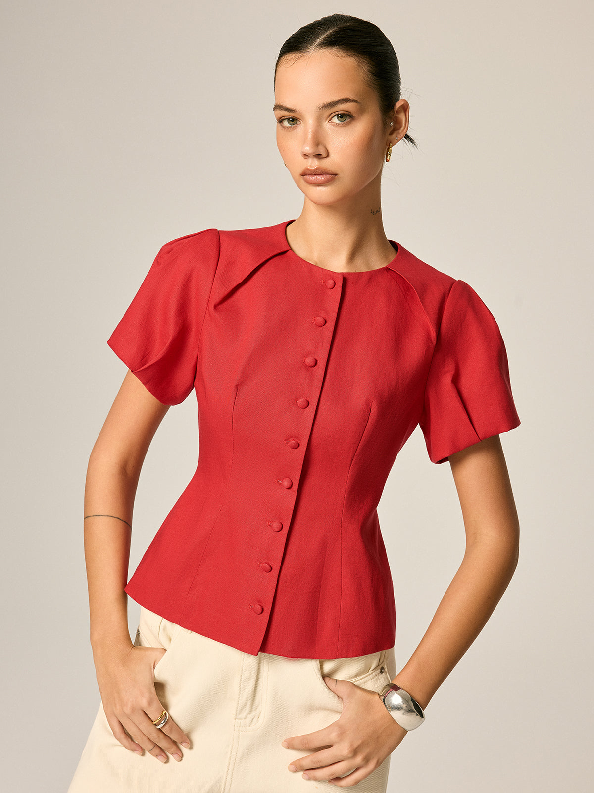 Puff Sleeve Fitted Linen Blend Blouse