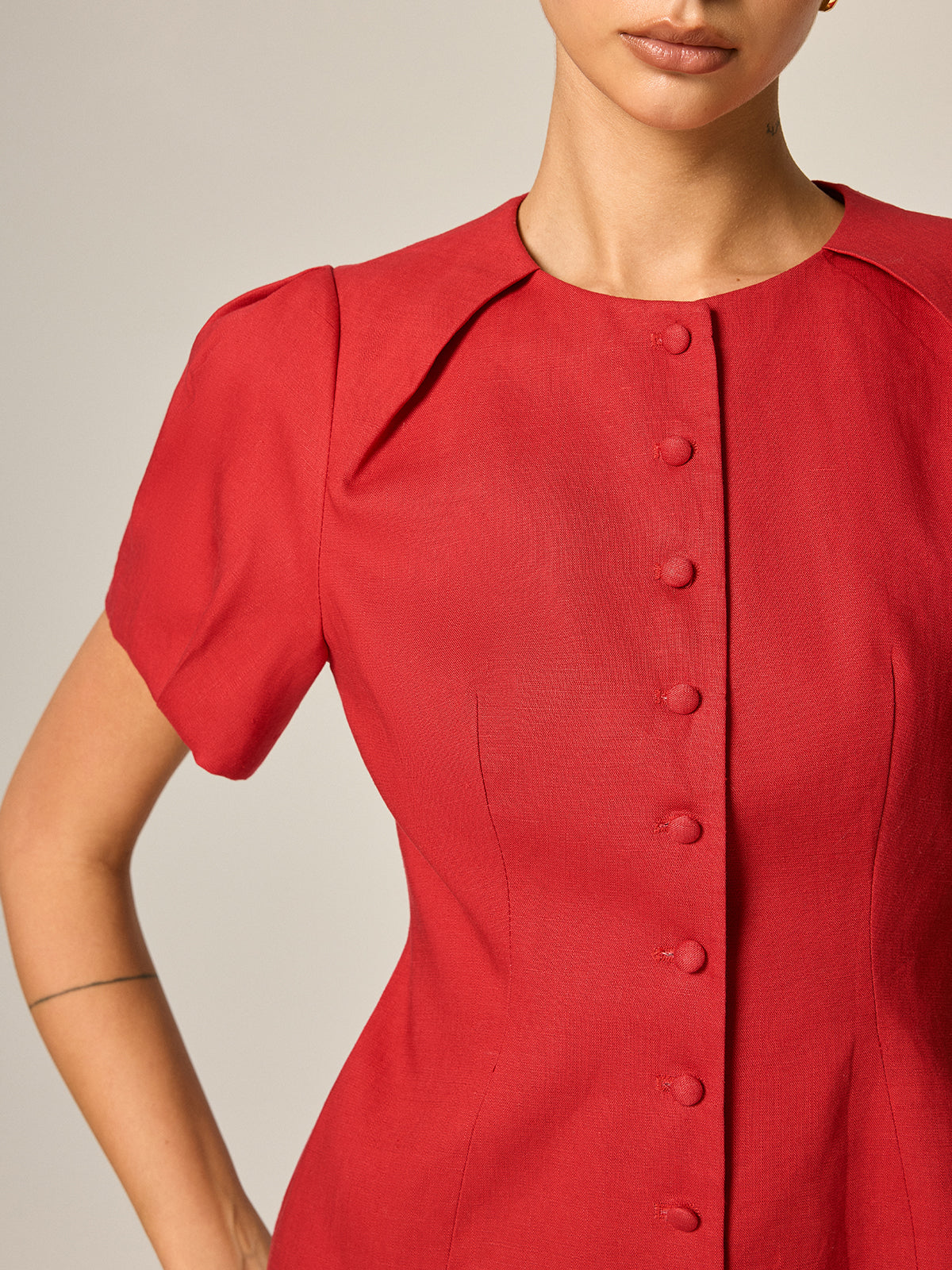 Puff Sleeve Fitted Linen Blend Blouse