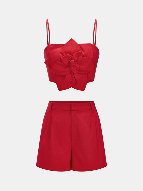 3D Flower Cotton Linen Cami Top & Shorts Set
