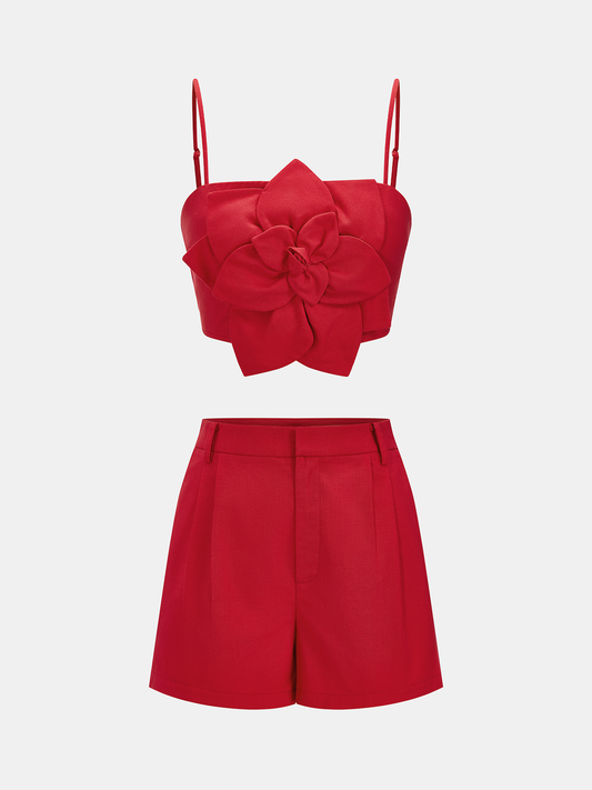 3D Flower Cotton Linen Cami Top & Shorts Set