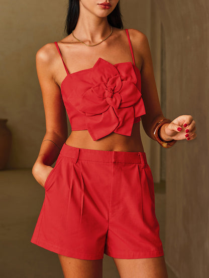 3D Flower Cotton Linen Cami Top & Shorts Set