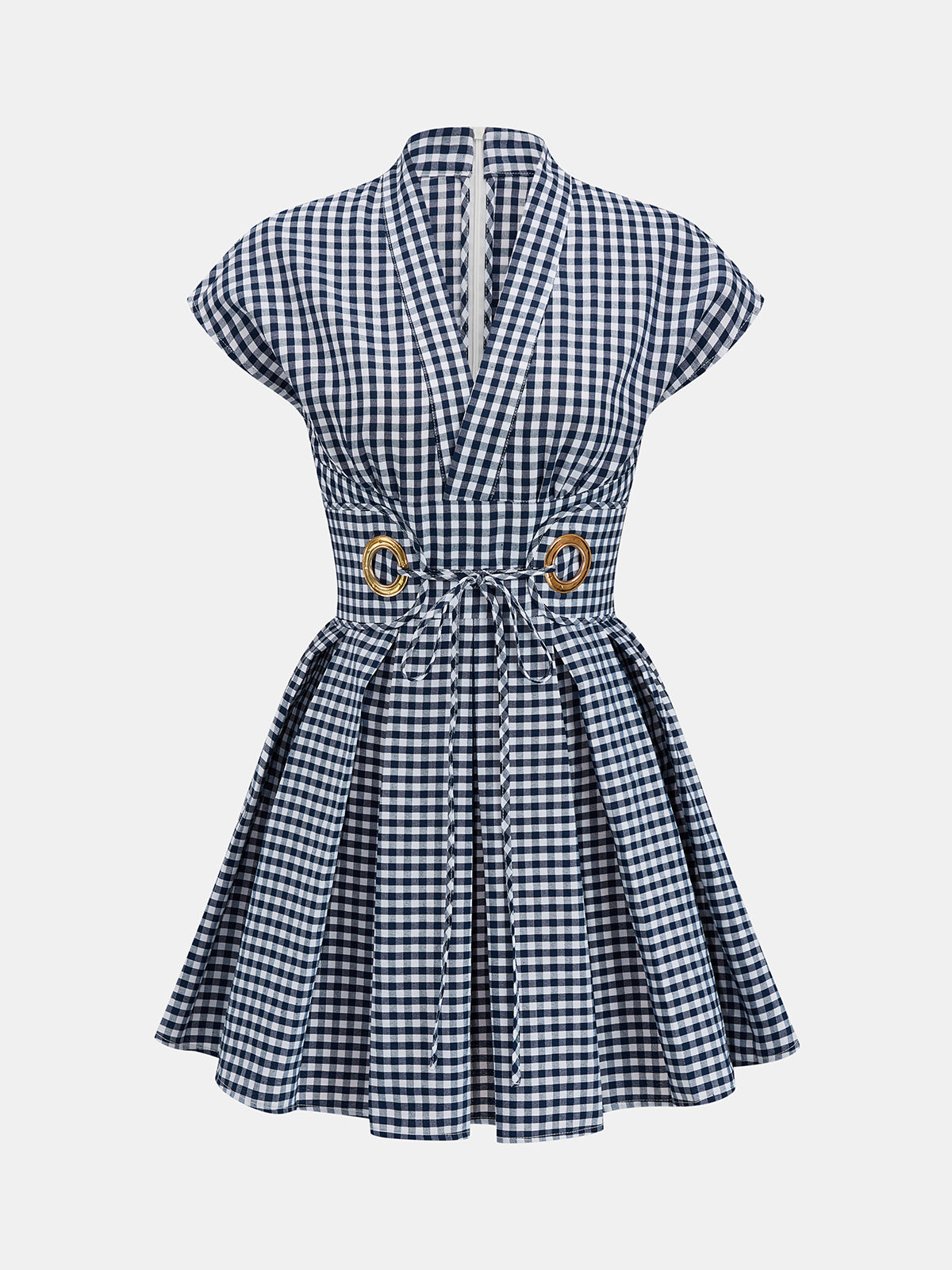 V-Neck Check Belted Mini Swing Dress