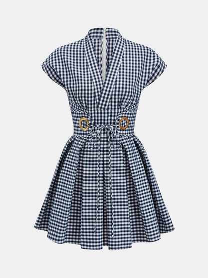 V-Neck Check Belted Mini Swing Dress
