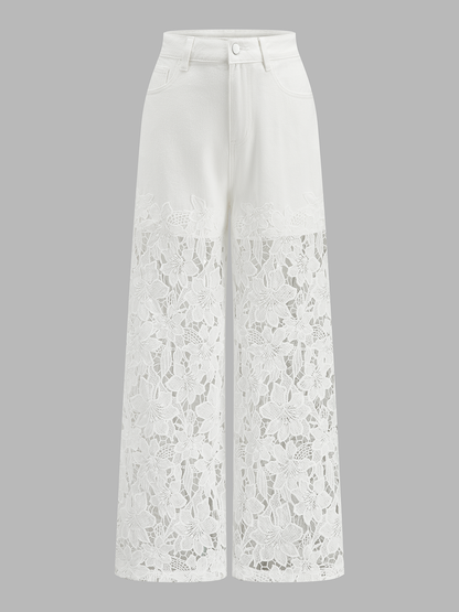 Lace Panel Denim Wide Leg Pants