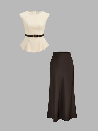 Belted Peplum Top & Satin Midi Skirt Set