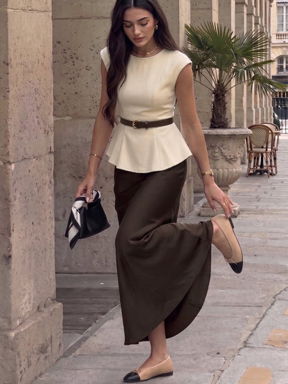 Belted Peplum Top & Satin Midi Skirt Set