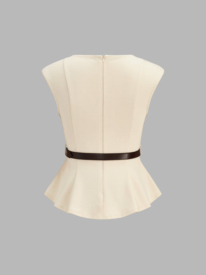 Belted Peplum Top & Satin Midi Skirt Set