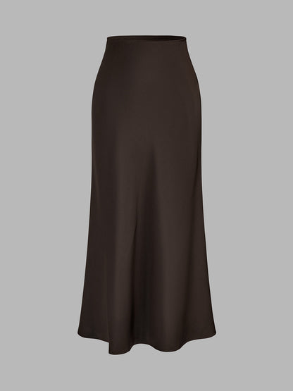 Belted Peplum Top & Satin Midi Skirt Set