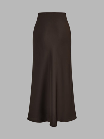 Belted Peplum Top & Satin Midi Skirt Set