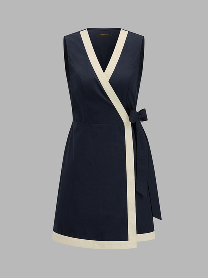 Contrast Trim Wrap Tie Sleeveless Cotton Dress