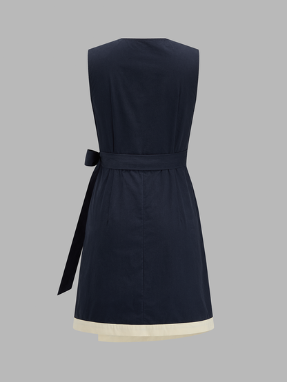 Contrast Trim Wrap Tie Sleeveless Cotton Dress