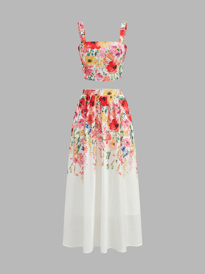 Watercolor Flower Two Piece Skirt Set