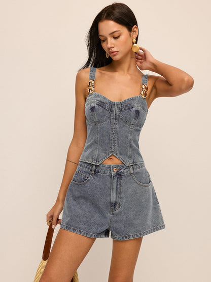 Metal Detail Denim Corset Top & Shorts Set