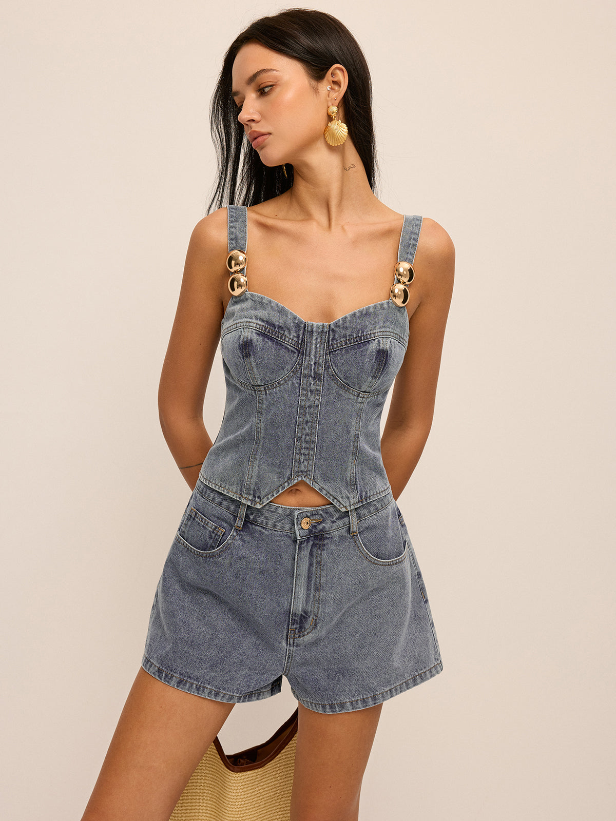 Metal Detail Denim Corset Top & Shorts Set