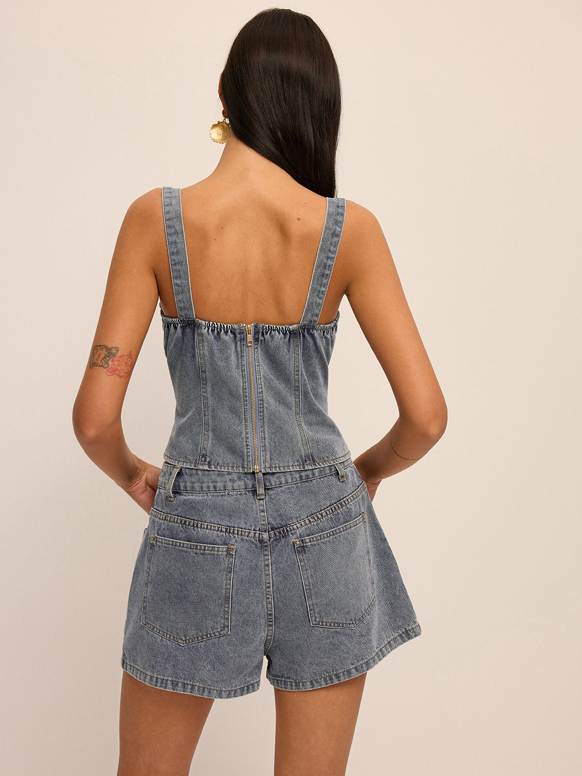 Metal Detail Denim Corset Top & Shorts Set