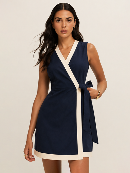 Contrast Trim Wrap Tie Sleeveless Cotton Dress