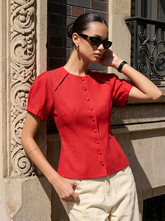 Puff Sleeve Fitted Linen Blend Blouse