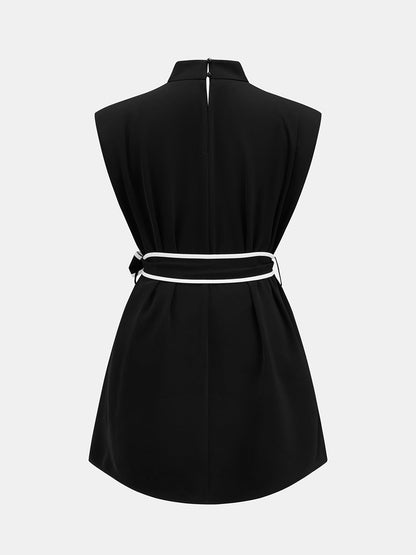 Mock Neck Tie Belt Mini Dress
