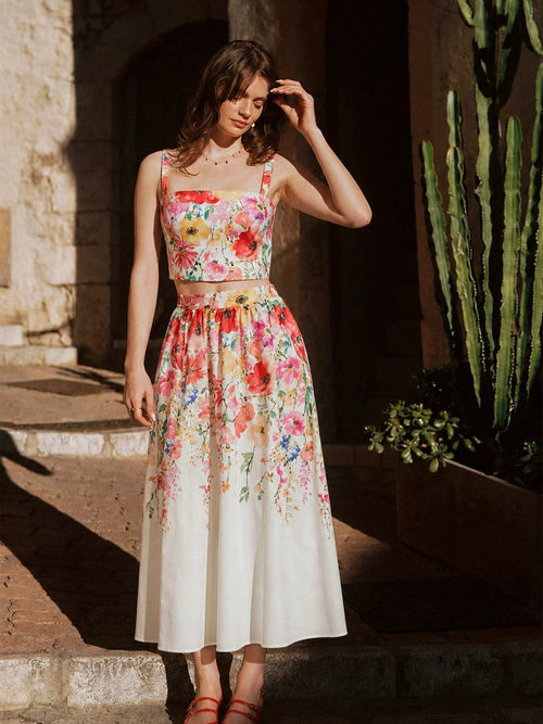 Watercolor Flower Two Piece Skirt Set