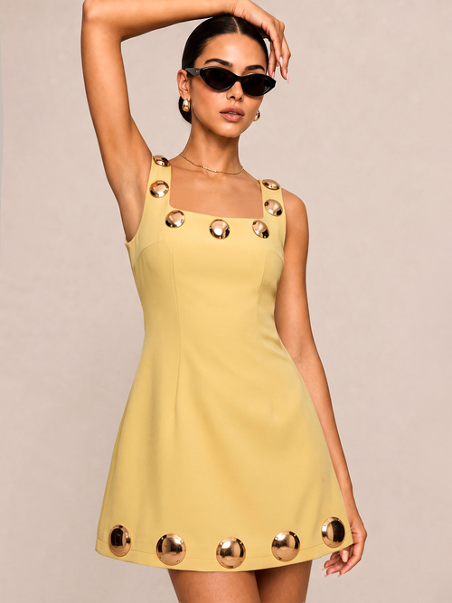 Square Neck Metal Detail A-Line Mini Dress