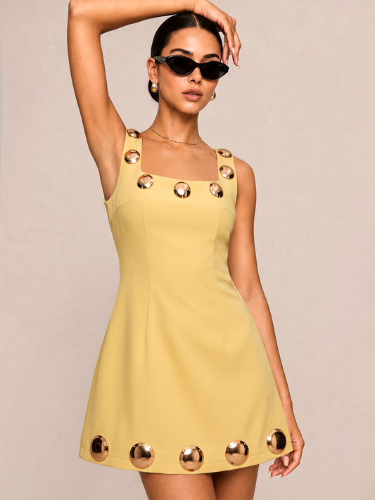 Square Neck Metal Detail A-Line Mini Dress