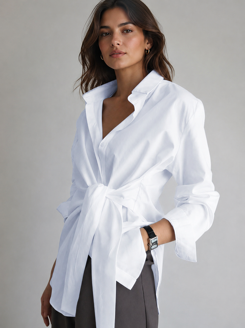 Semi-Sheer Button Down Tied Long Shirt
