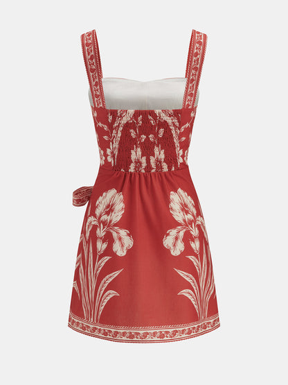 Floral Bird Print Wrap Tie Mini Dress
