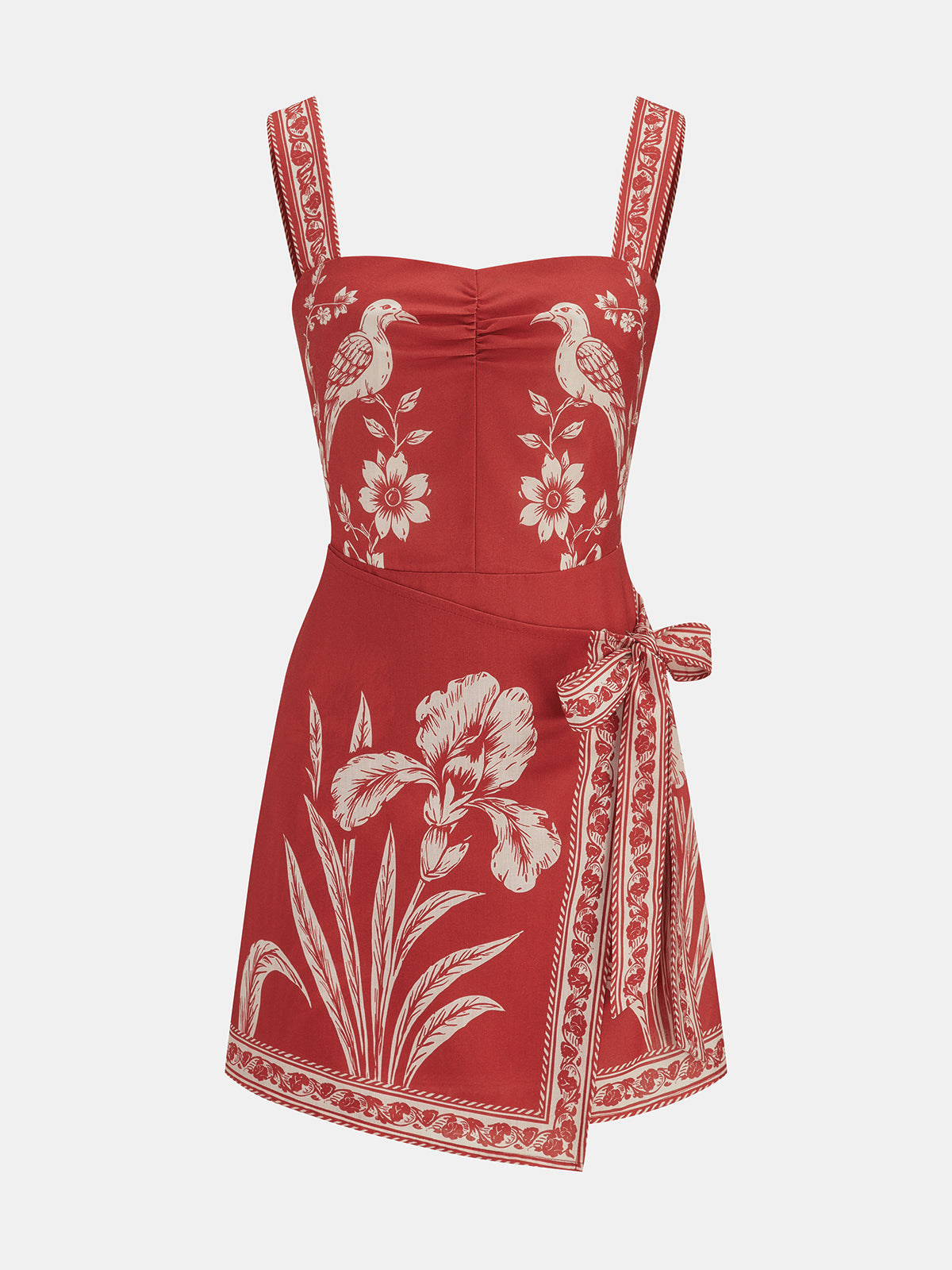Floral Bird Print Wrap Tie Mini Dress