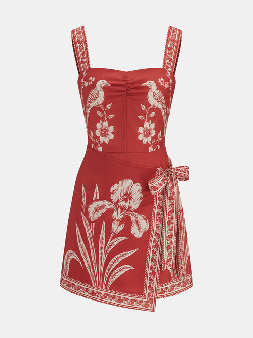 Floral Bird Print Wrap Tie Mini Dress