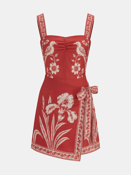 Floral Bird Print Wrap Tie Mini Dress