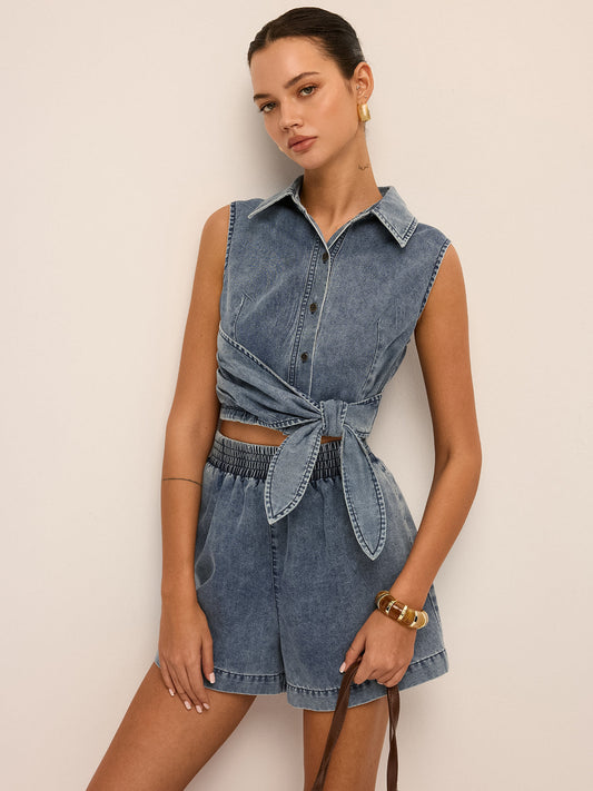 Denim Tie-Waist Sleeveless Shirt & Shorts Set