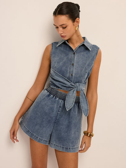 Denim Tie-Waist Sleeveless Shirt & Shorts Set