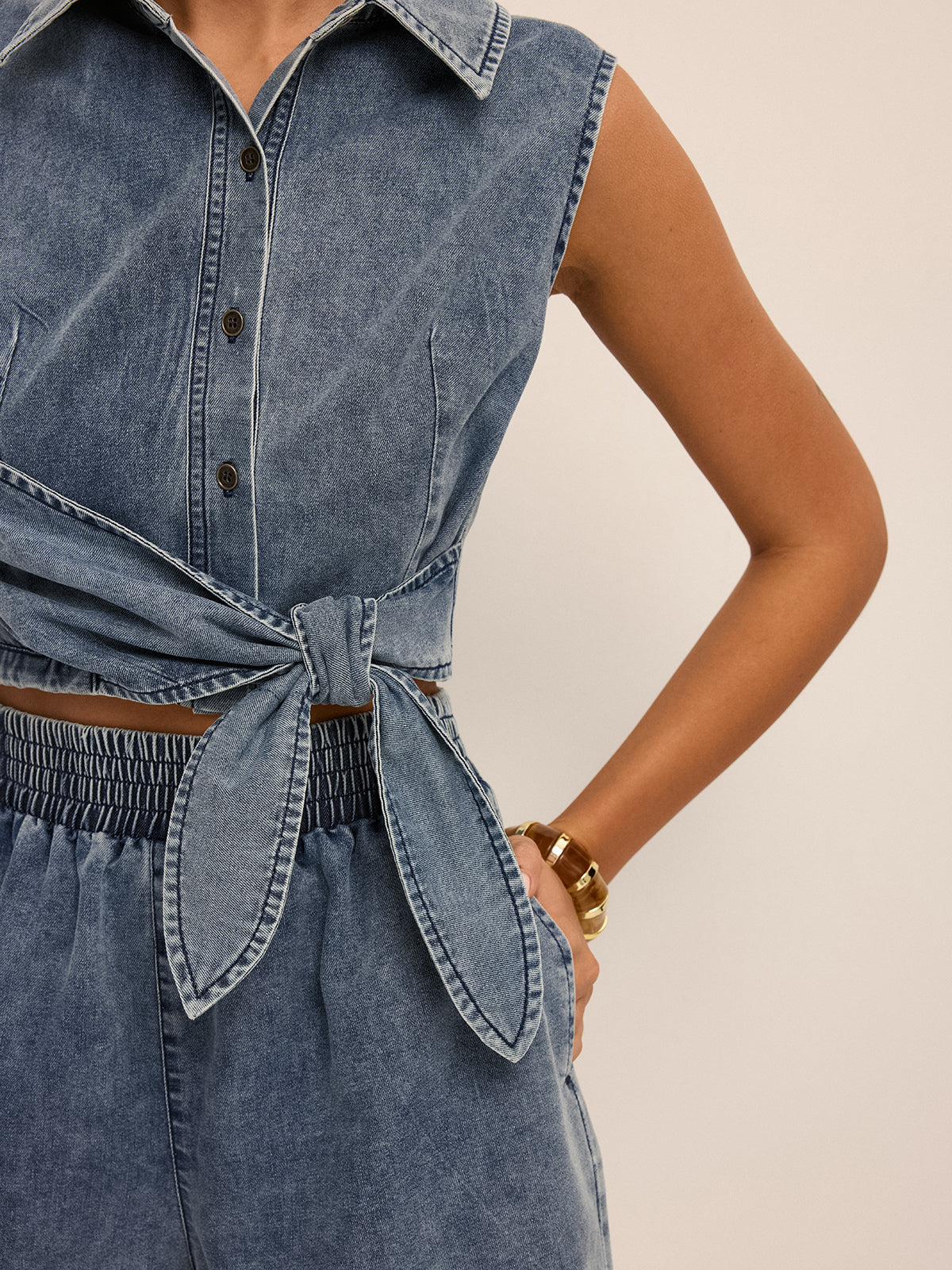 Denim Tie-Waist Sleeveless Shirt & Shorts Set