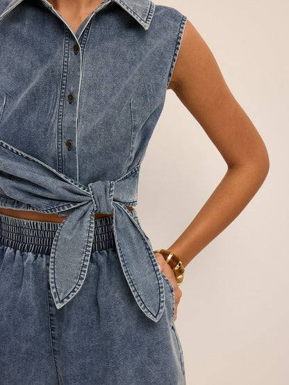 Denim Tie-Waist Sleeveless Shirt & Shorts Set