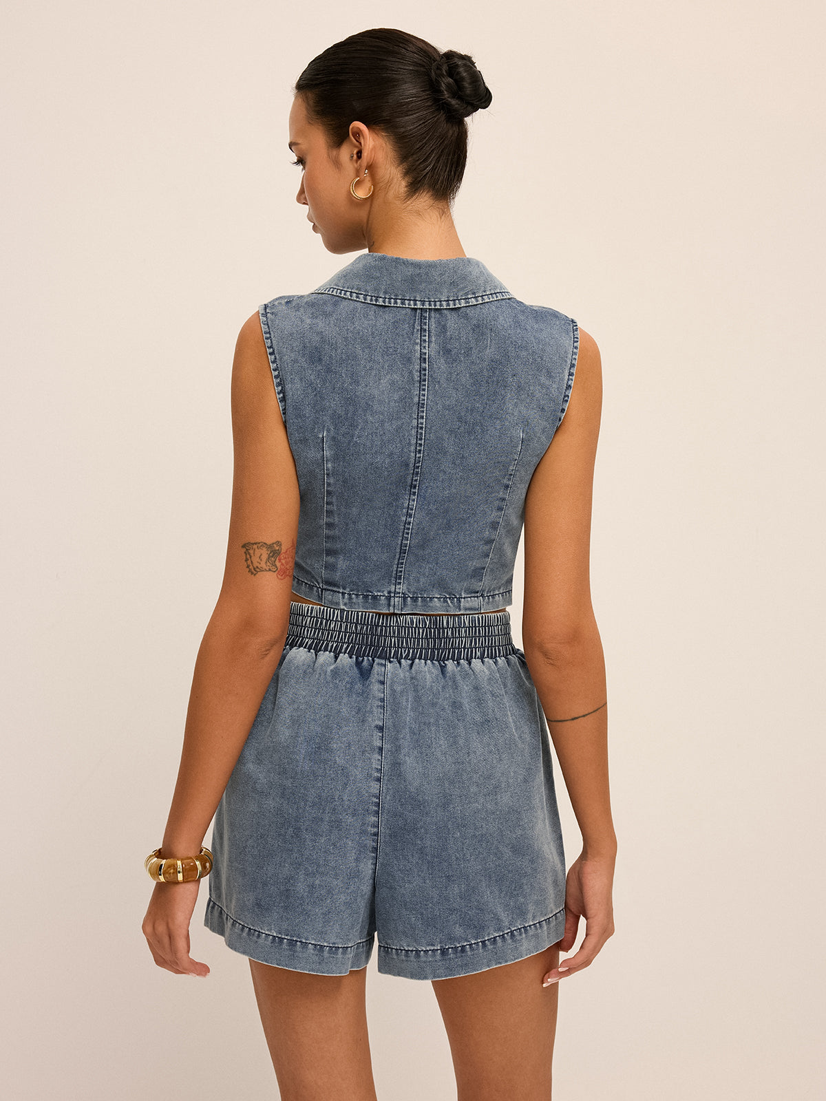 Denim Tie-Waist Sleeveless Shirt & Shorts Set