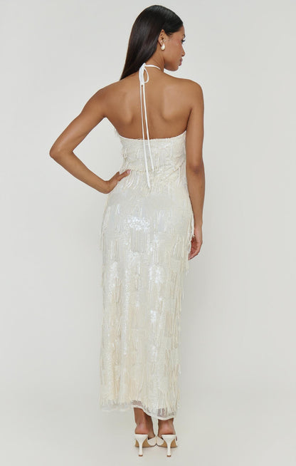 Julianna Maxi Dress ~ White Fringe Sequins