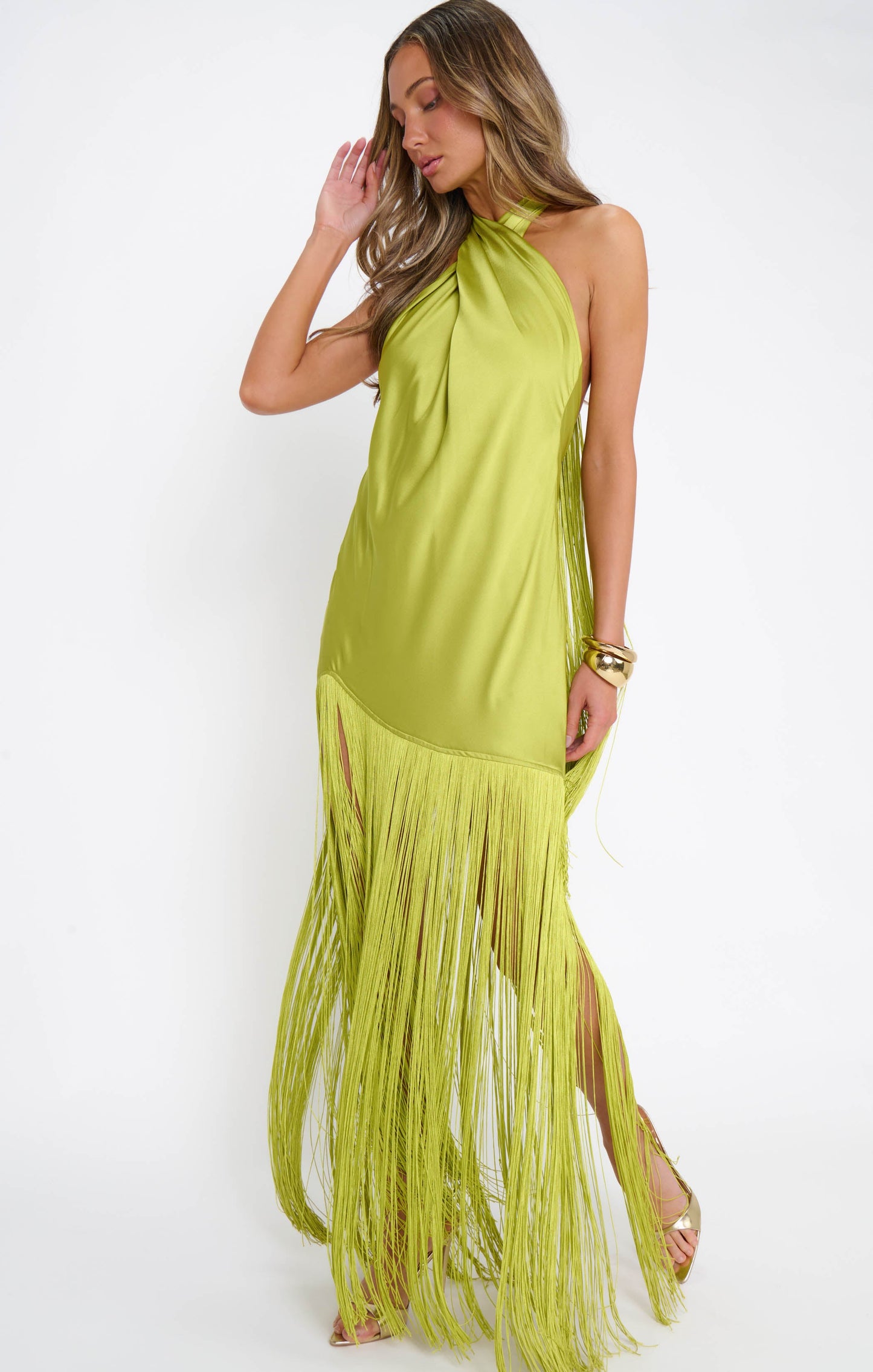 Jasmine Fringe Maxi Dress ~ Chartreuse Luxe Satin
