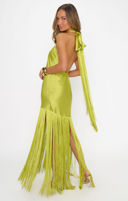 Jasmine Fringe Maxi Dress ~ Chartreuse Luxe Satin