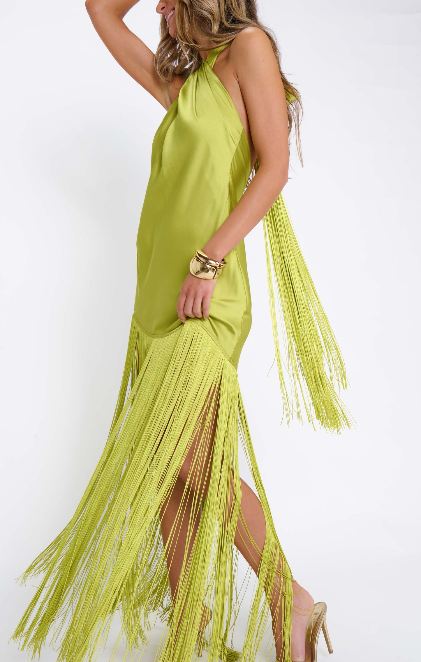Jasmine Fringe Maxi Dress ~ Chartreuse Luxe Satin
