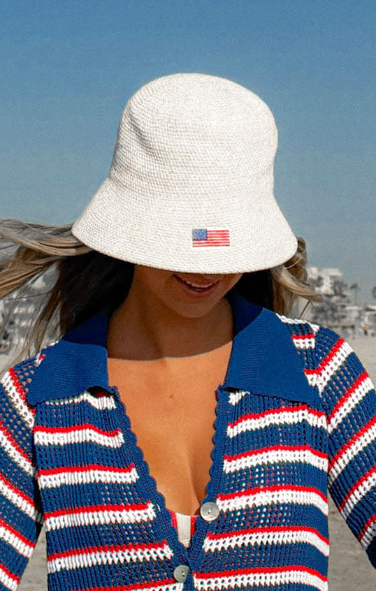 Golden Stitch Embroidered Sun Hat ~ American Flag