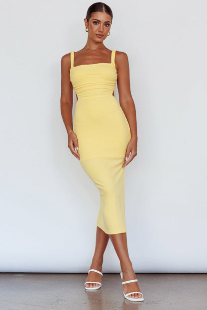 Dream Crush Lace-Up Back Side Split Midi Dress Yellow