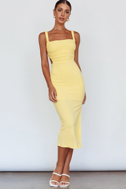 Dream Crush Lace-Up Back Side Split Midi Dress Yellow