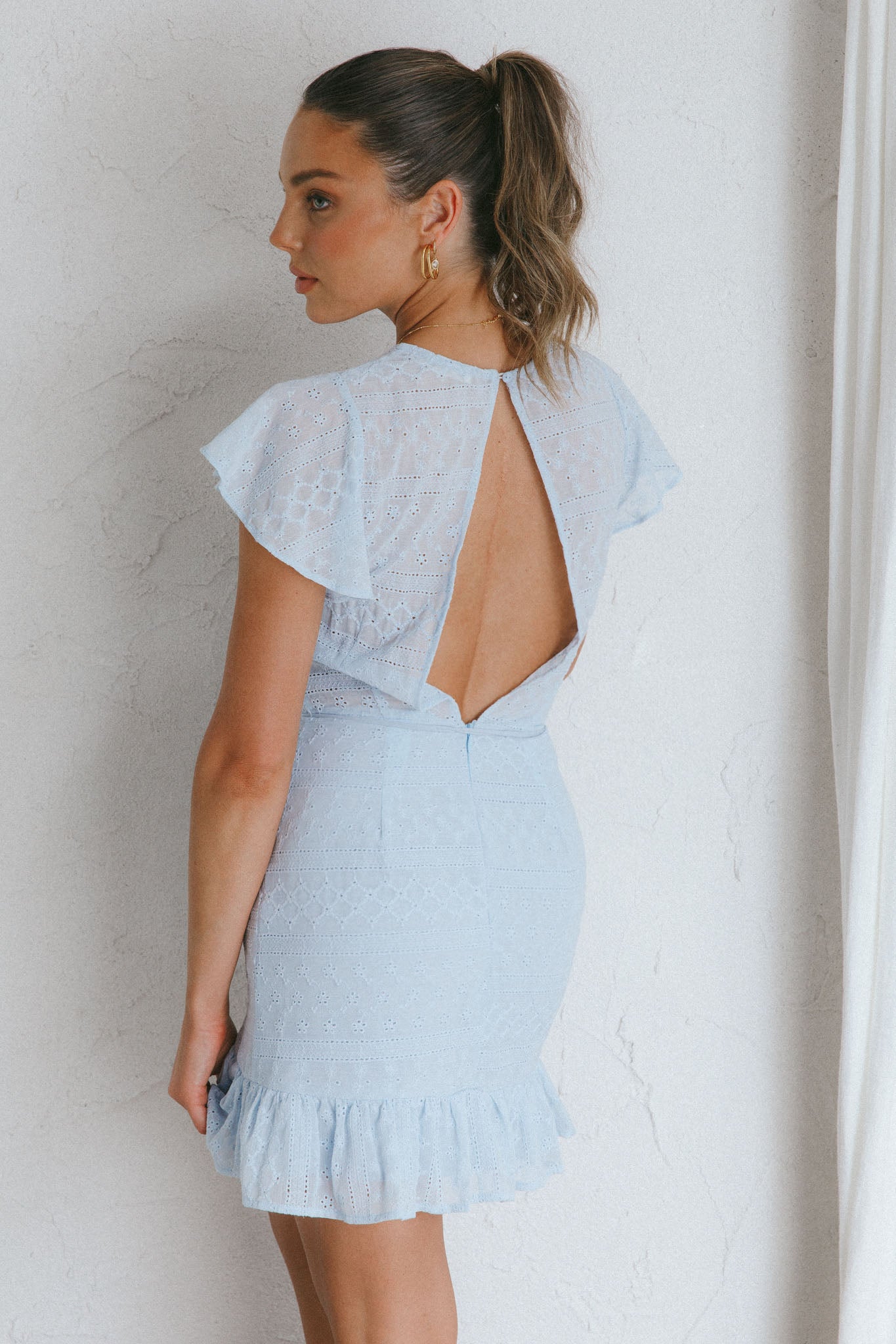 Moving On Flutter Sleeve String Tie Waist Eyelet Mini Dress Steel Blue