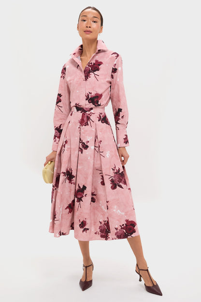 Abstract Rose Slipper Pink Pleated Midi Skirt