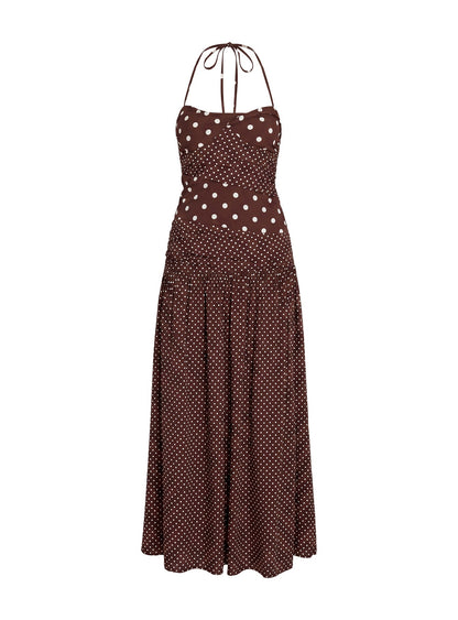 Marguerite Halter Maxi Dress Brown Polka Dot