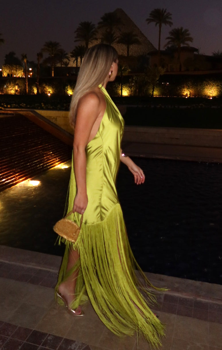 Jasmine Fringe Maxi Dress ~ Chartreuse Luxe Satin