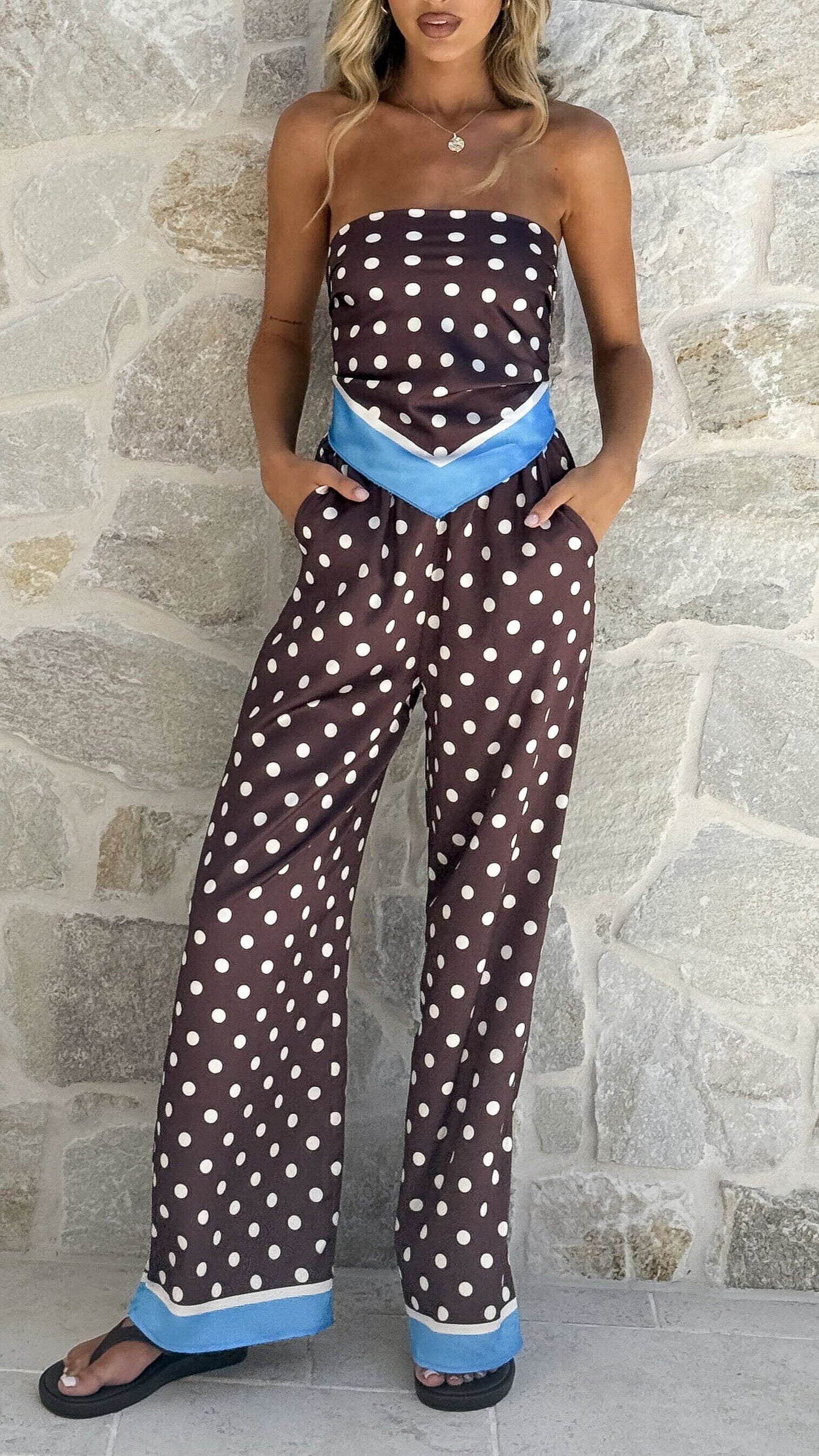 Harley Scarf Top and Pants Set - Brown Polka
