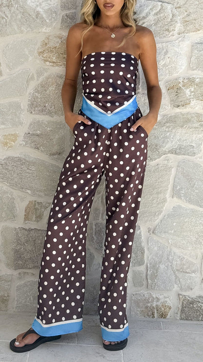 Harley Scarf Top and Pants Set - Brown Polka