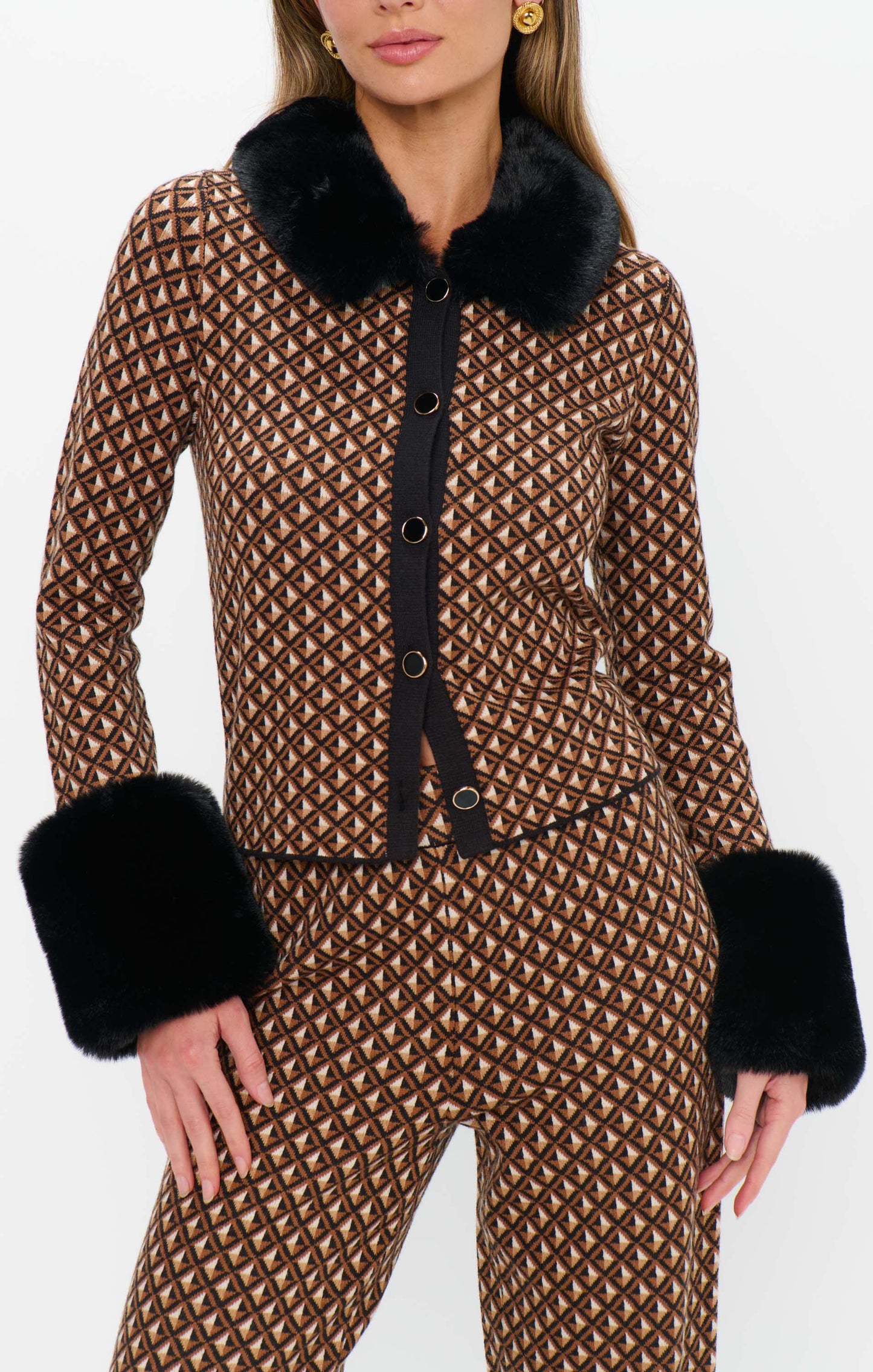 Chateau Cardigan ~ Carmel Geo Knit with Faux Fur