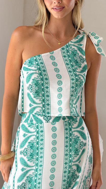 Julia One Shoulder Top - Green Aztec